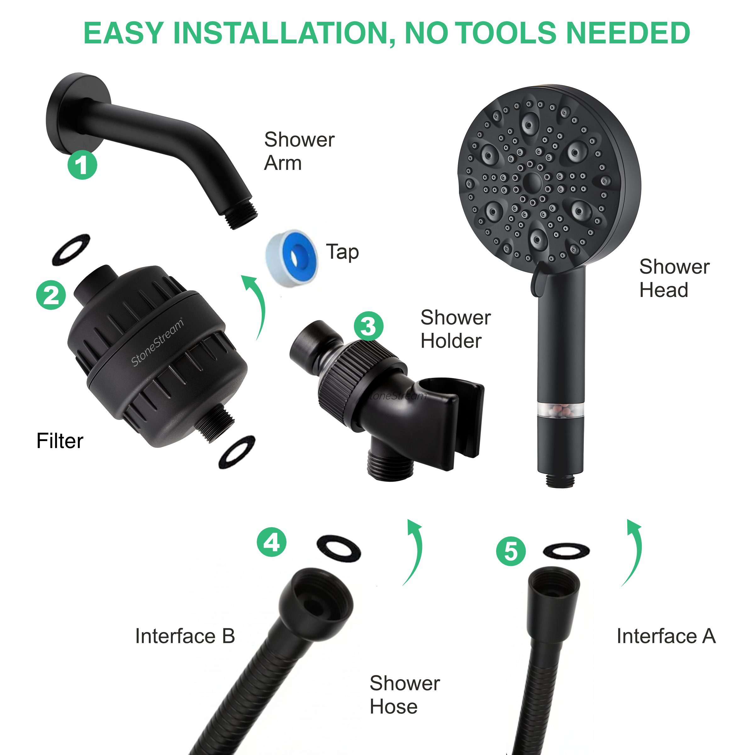 9-Mode Luxury Black Shower Head with Hard Water Filtration Kit